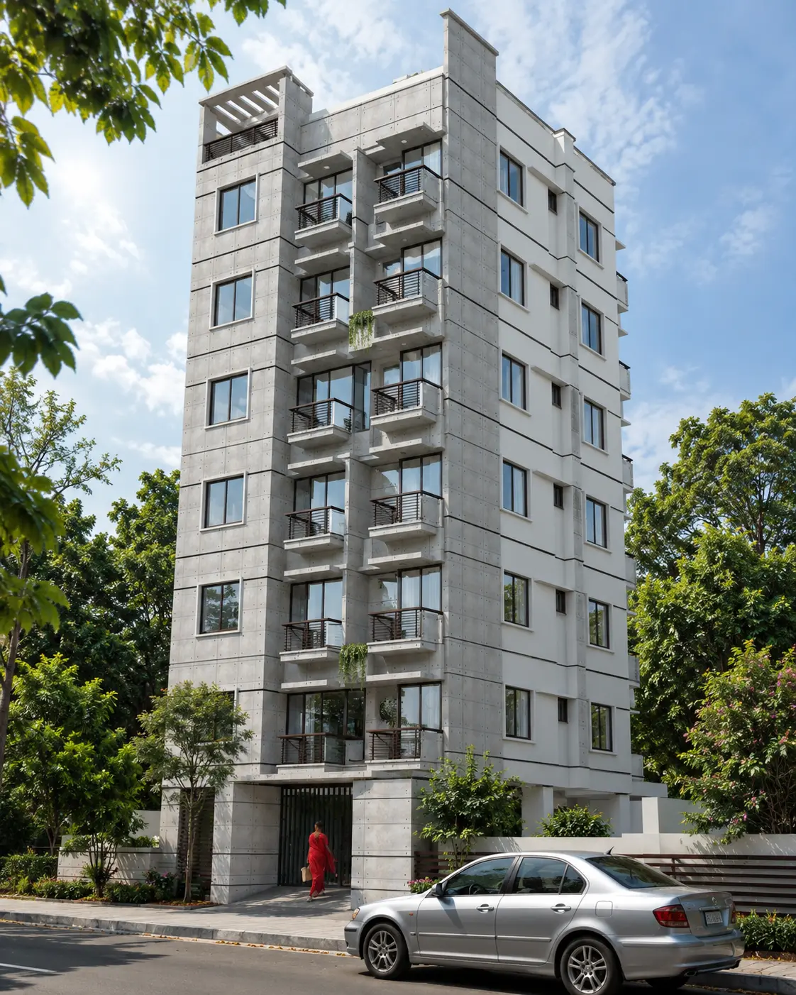 Facade of President Dokhina with vertical balconies and greenery at dusk